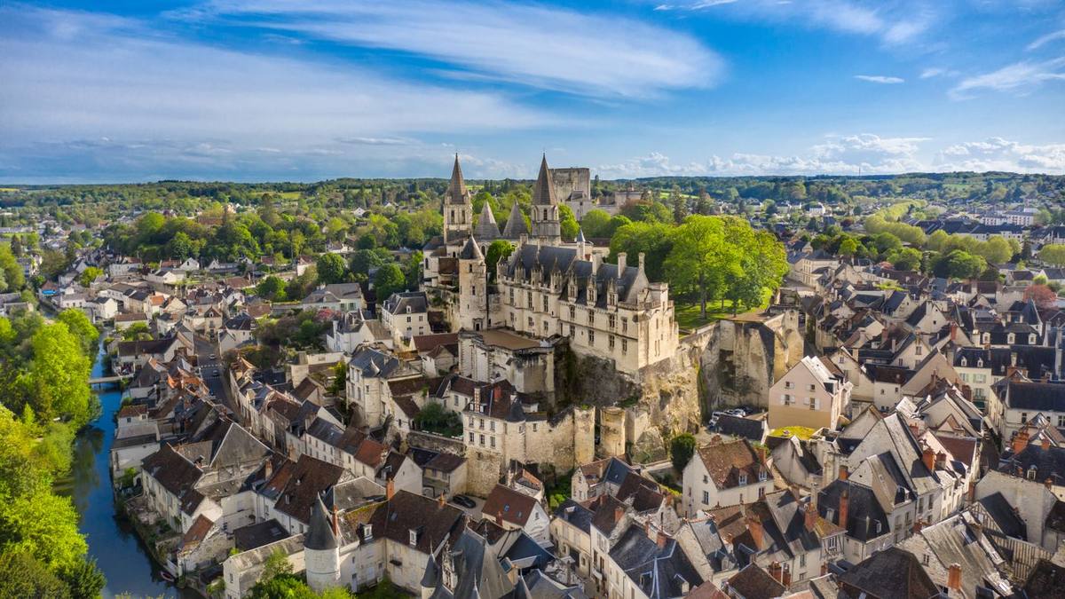Aerial view of a medieval town in Indre-et-Loire, France
