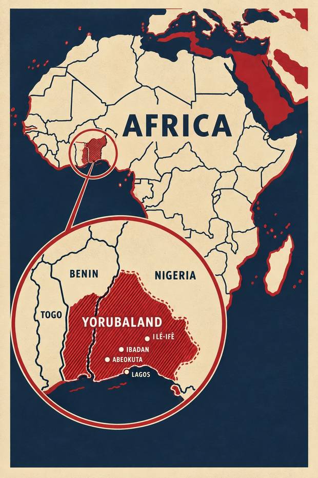 Map of Africa with Yor&ugrave;b&aacute;land marked across Nigeria, Benin and Togo